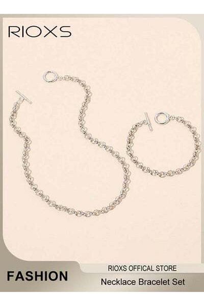 RIOXS Men Link Chain Jewellery Set Silver Plated OT Buckle Necklace Bracelet Set Fashion Party Accessories