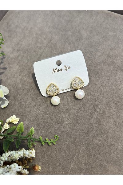 VİYA Gold Edge Zircon Stone Pearl Earrings Steel Earrings