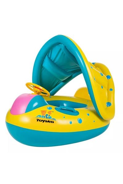 Toyska Inflatable Float with Steering Wheel, Roof, and Support for Children, Boat Model, Multicolor,