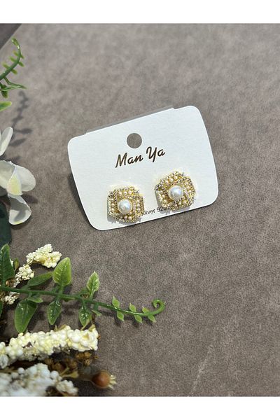 VİYA Gold Middle Pearl Edge Zircon Stone Steel Earrings