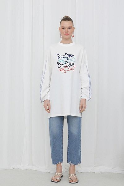 Puane Women's Front Fish Embroidery Stripe Detailed Tunic 10640Tun