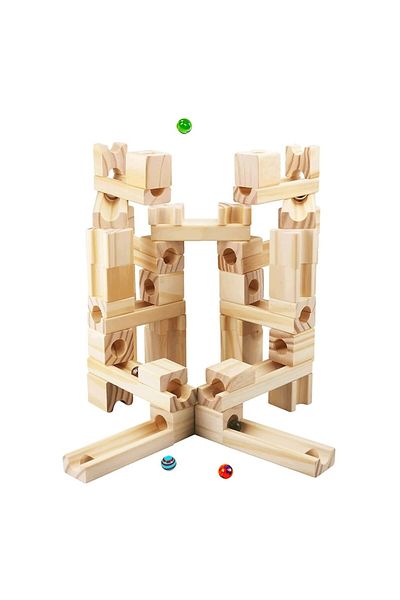 ONSHINE Set de constructie Marble Run din lemn cu bile din sticla, 60 piese, natur, Toyska®