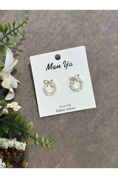 VİYA Gold Zircon and Pearl Stone Ribbon Motif Hoop Steel Earrings