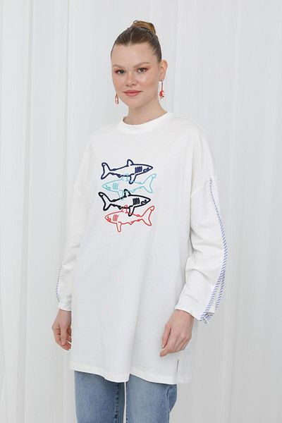 Puane Women's Front Fish Embroidery Stripe Detailed Tunic 10640Tun