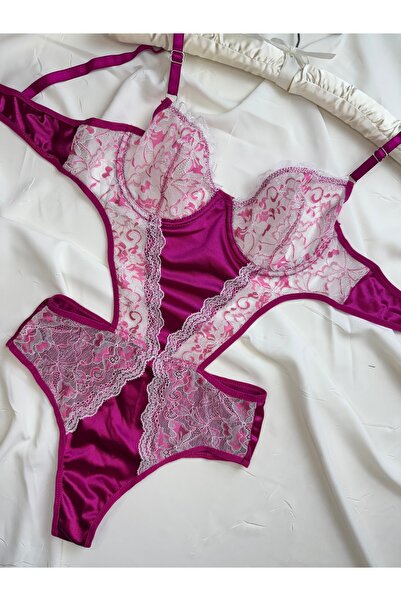 ROZENİN LINGERIE Fuşya Çiçek Işlemeli Saten Detaylı Bodysuit