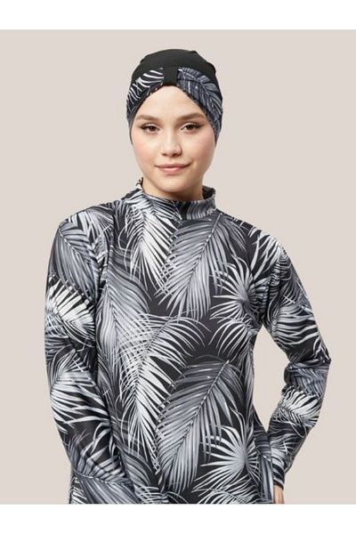 Fitsauna Πλήρως κλειστό απωθητικό νερού Quick Dry Hijab Μαγιό Μαύρο Λευκό Palm Model 1013