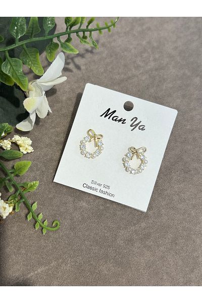 VİYA Gold Zircon and Pearl Stone Ribbon Motif Hoop Steel Earrings