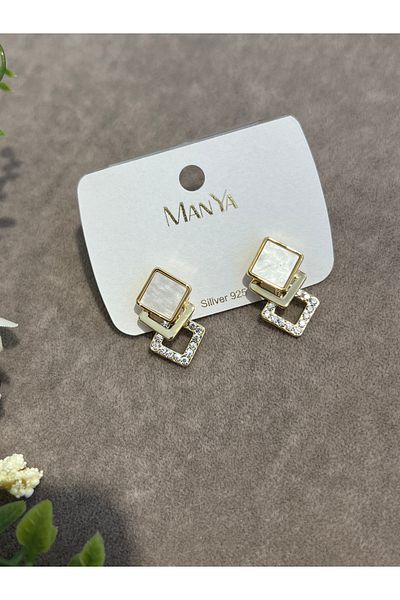 VİYA Gold Pearl and Zircon Stone Quadrilateral Steel Earrings