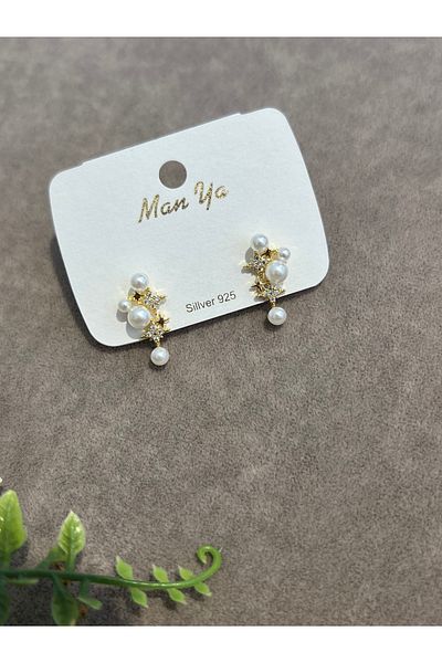 VİYA Gold Minimal Zircon and Pearl Stone Star Motif Steel Earrings