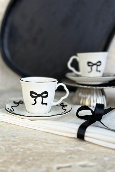 porselenden Bow 2 Person 4 Piece Porcelain Coffee Cup Set 90 Cc Black Ribbon Patterned