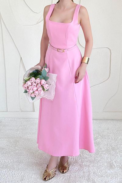 Elbee Fashion Woman Atlas Fabric Dress with Belt Detail