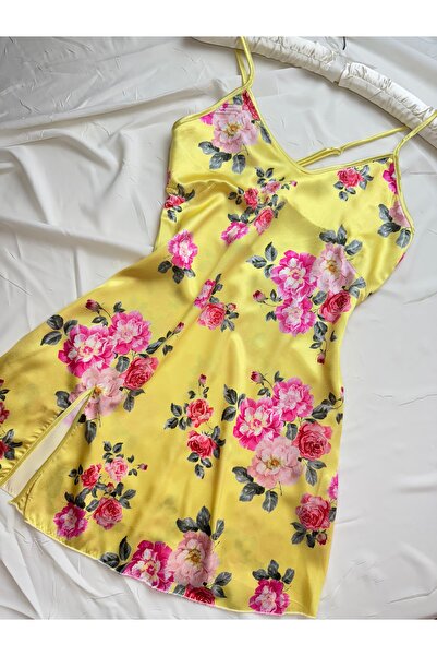 ROZENİN LINGERIE Basic Desenli Arkası Çarpraz Saten Mini Elbise Gecelik