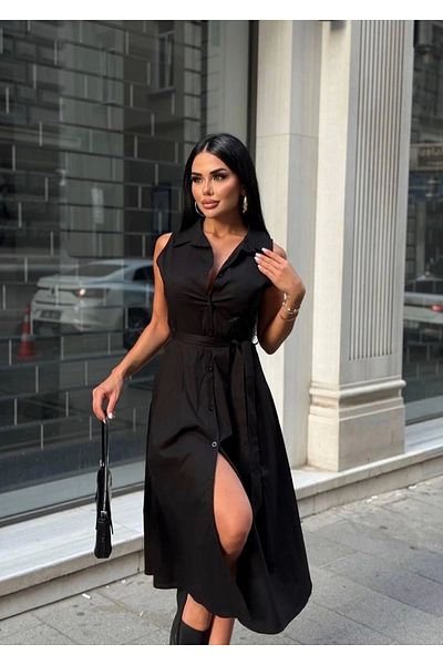 Bak Moda Belted Collar Buttoned Black Dress