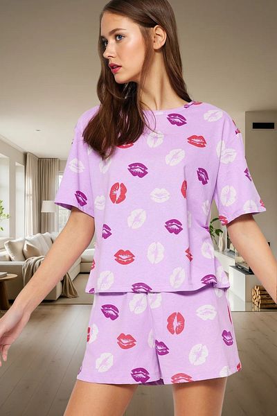 PayBuy Women's Lip Pattern Cotton Short Sleeve Pajamas Set Casual Home Wear Summer Modern Style Quality Craftsmanship