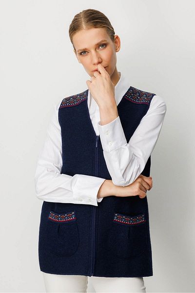Desen Triko Women's V-Neck Front Felt Zippered Short Wool Vest Y.A.Navy Blue
