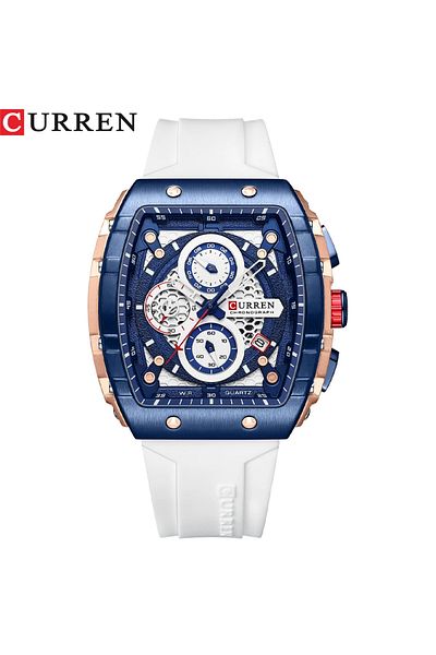 Curren Ceas bărbătesc 8442, Cronograf Sport Quartz, Casual, Curea Silicon Alb, Design Modern