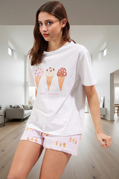 PayBuy Women's Summer Short Sleeve Cotton Pajamas Set Ice Cream Printed for Comfortable Daily Wear