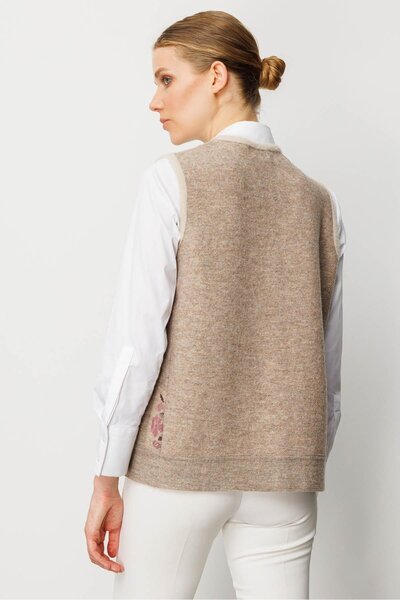 Desen Triko Women's Pıtırcık Flower-Patterned Patchwork Felt Wool Vest Beige_Y.G..Kurusu