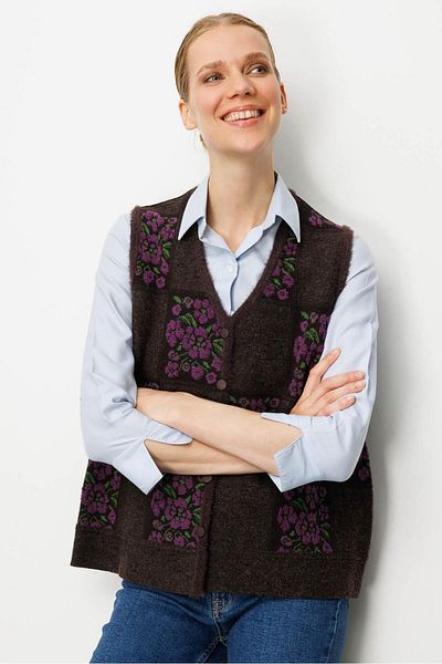 Desen Triko Women's Pıtırcık Floral Patchwork Felt Wool Vest Dark Brown_A.Purple