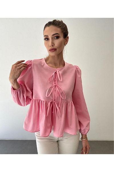 GALAVİP Women's Crew Neck Bow Tie Princess Sleeve Poplin Blouse
