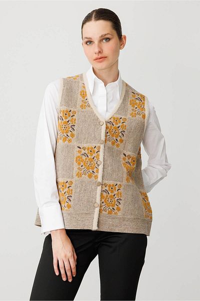 Desen Triko Women's Pıtırcık Floral Patchwork Felt Wool Vest Beige_Mustard