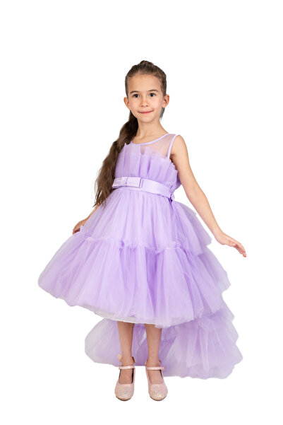 ddaniela فستان شبكي بحافة كشكشة أمامية مزينة بفيونكة للبنات الصغار، بنفسجي ال...