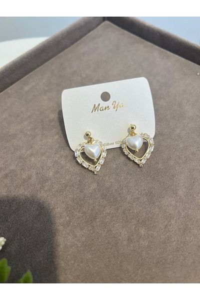 VİYA Gold Zircon and Pearl Stone Heart Motif Steel Earrings