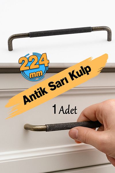 Badem10 Antique Yellow Metal Handle 224 mm 22.4 cm Furniture Drawer Kitchen Cabinet Cupboard Modern Cover Uber Serrated