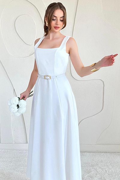 Elbee Fashion Woman Atlas Fabric Dress with Belt Detail