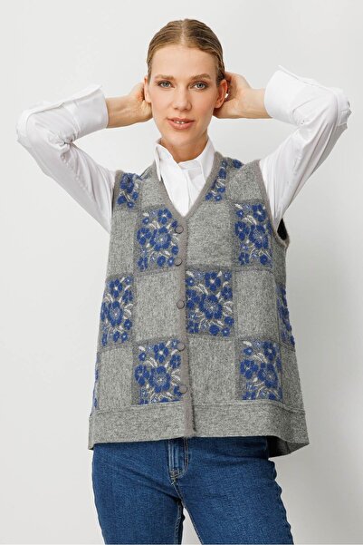 Desen Triko Women's Pıtırcık Floral Patchwork Felt Wool Vest Y.Smoked_Blue