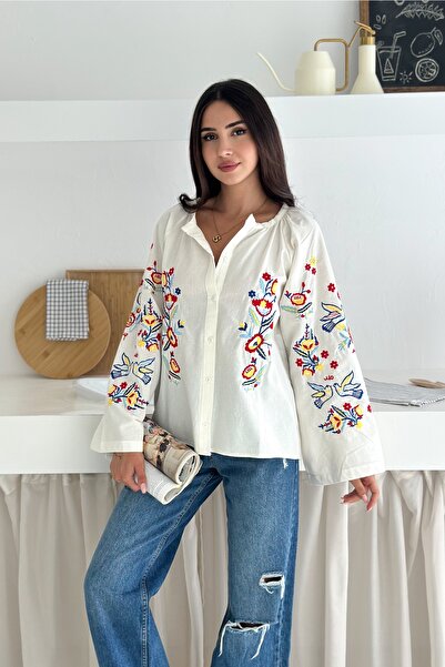 FEMELLE Women's White Wide Sleeve Complete Embroidery Embroidered Cotton Shirt