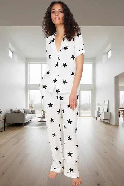 PayBuy Women's Star Patterned Viscose Pajama Set Comfortable Shally Woven Wide Leg Premium Quality Special Design