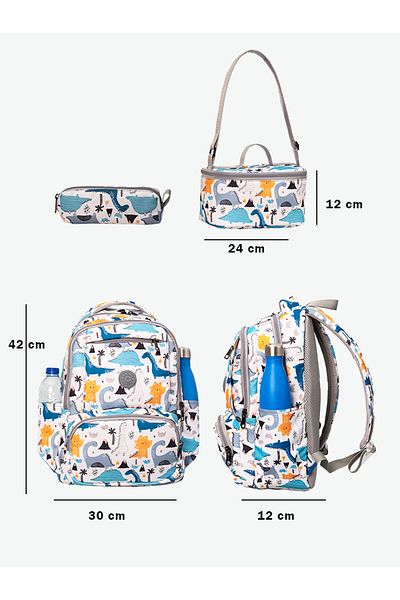 Alone Set de 3 ghiozdane pentru școală primară - rucsac + nutriție + suport pentru stilou 8581 model dinozaur