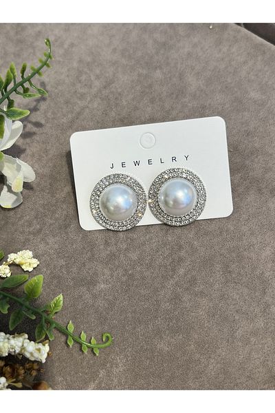 VİYA Gold Middle Pearl Round Steel Earrings with Zircon Stone on the Edges