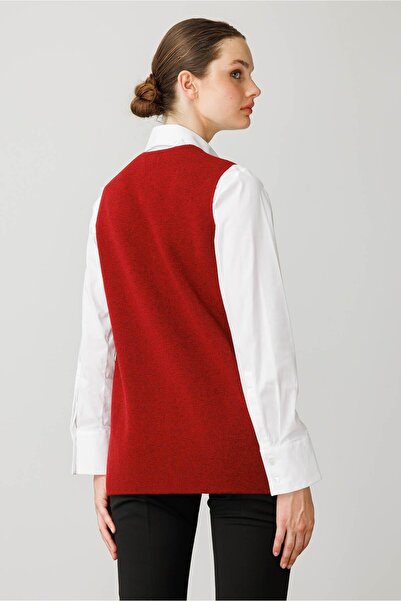 Desen Triko Women's V-Neck Felt Zippered Short Wool Vest in the Front Y.Red