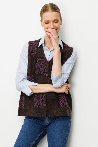 Desen Triko Women's Pıtırcık Floral Patchwork Felt Wool Vest Dark Brown_A.Purple