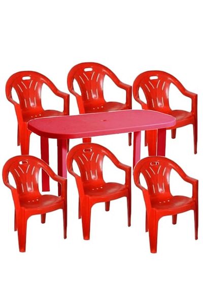 sterk Table set 135x75x70 with 6 chairs 56x52x77, for garden, red, made of plastic