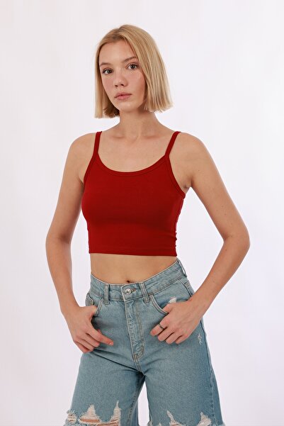 Yade Fashion Kadın Askılı Crop – Kırmızı