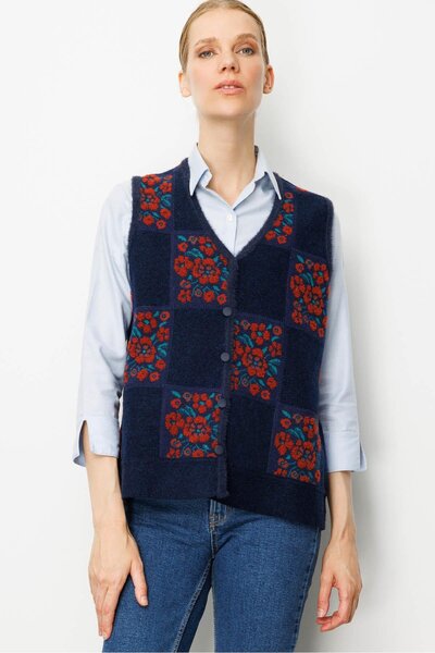 Desen Triko Women's Pıtırcık Floral Patchwork Felt Wool Vest K.Kiremit