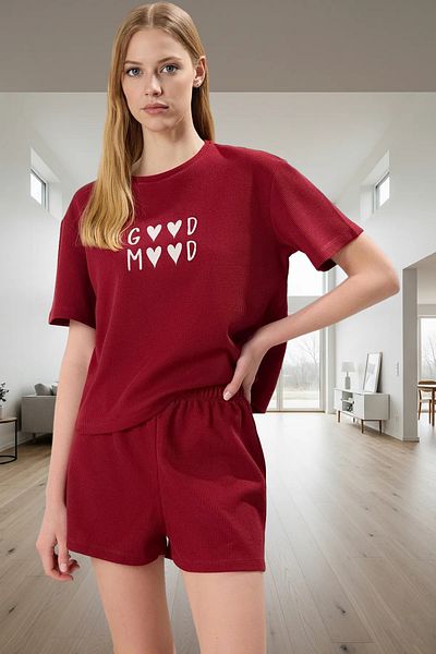 PayBuy Women's Waffle Pajamas Set Good Mood Pattern Short Sleeve Perfect Fit Stylish Appearance Special Design