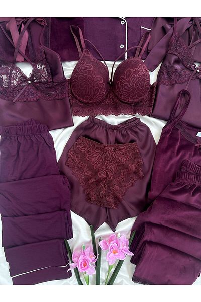 Lena Homewears Burgundy 11 Piece Satin Boxed Giant Pajamas Nightgown Dressing Gown Underwear Bridal Dowry Set