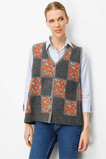 Desen Triko Women's Pıtırcık Floral Patchwork Felt Wool Vest Smoked_Orange