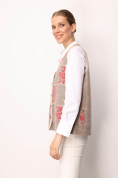 Desen Triko Women's Pıtırcık Floral Patchwork Felt Wool Vest Beige_Y.Ş.Pink