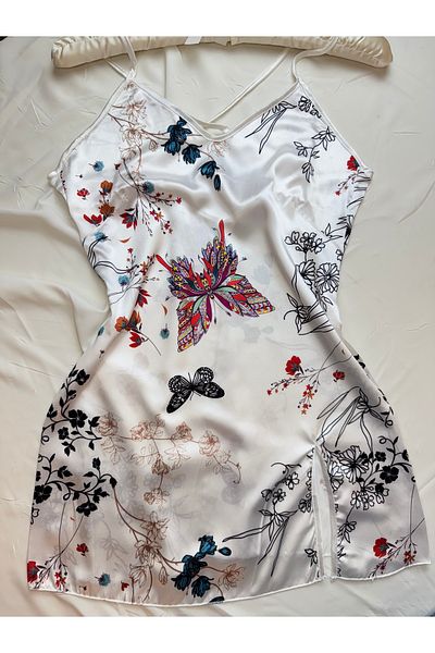 ROZENİN LINGERIE Basic Patterned Cross Back Satin Mini Dress Nightgown