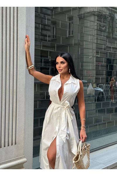 Bak Moda Rochie albă cu guler cu curea și nasturi
