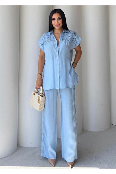 EGZOTİK ASORTİK Shirt with Fisto Detail and Pants with Lace Stripe Suit