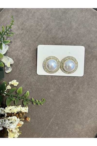 VİYA Gold Middle Pearl Round Steel Earrings with Zircon Stone on the Edges