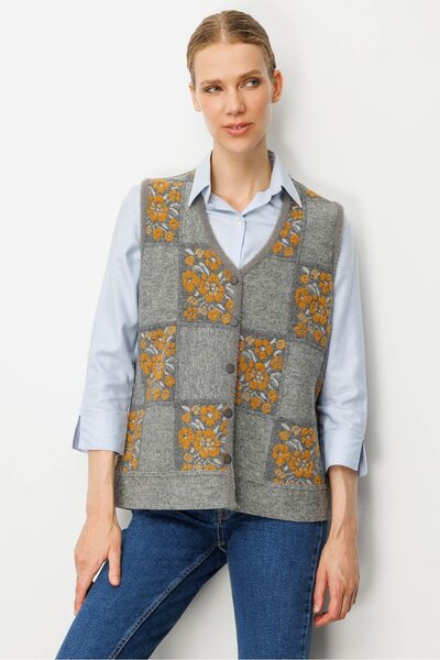 Desen Triko Women's Pıtırcık Floral Patchwork Felt Wool Vest Y.Smoked_Mustard