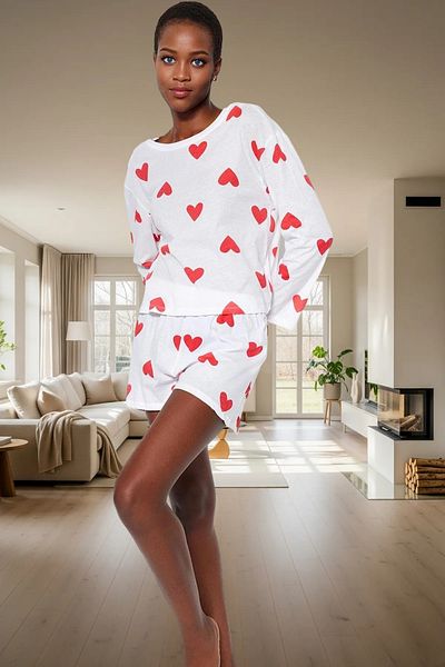 PayBuy Women's Heart Patterned Cotton Pajama Set Comfortable Fit Long Sleeve Homewear Trend Design Use