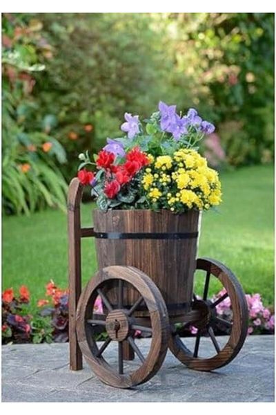 genric FFD Wooden Flower Pot Rustic Style Wooden Planter with Two Wheels Flower Bucket Wooden Garden